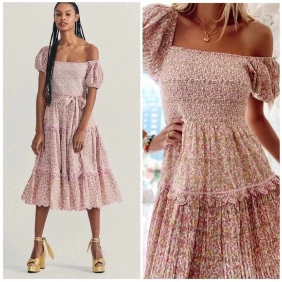 LoveShackFancy Masie Floral Midi Dress Fruity Punch - Picture 2 of 8